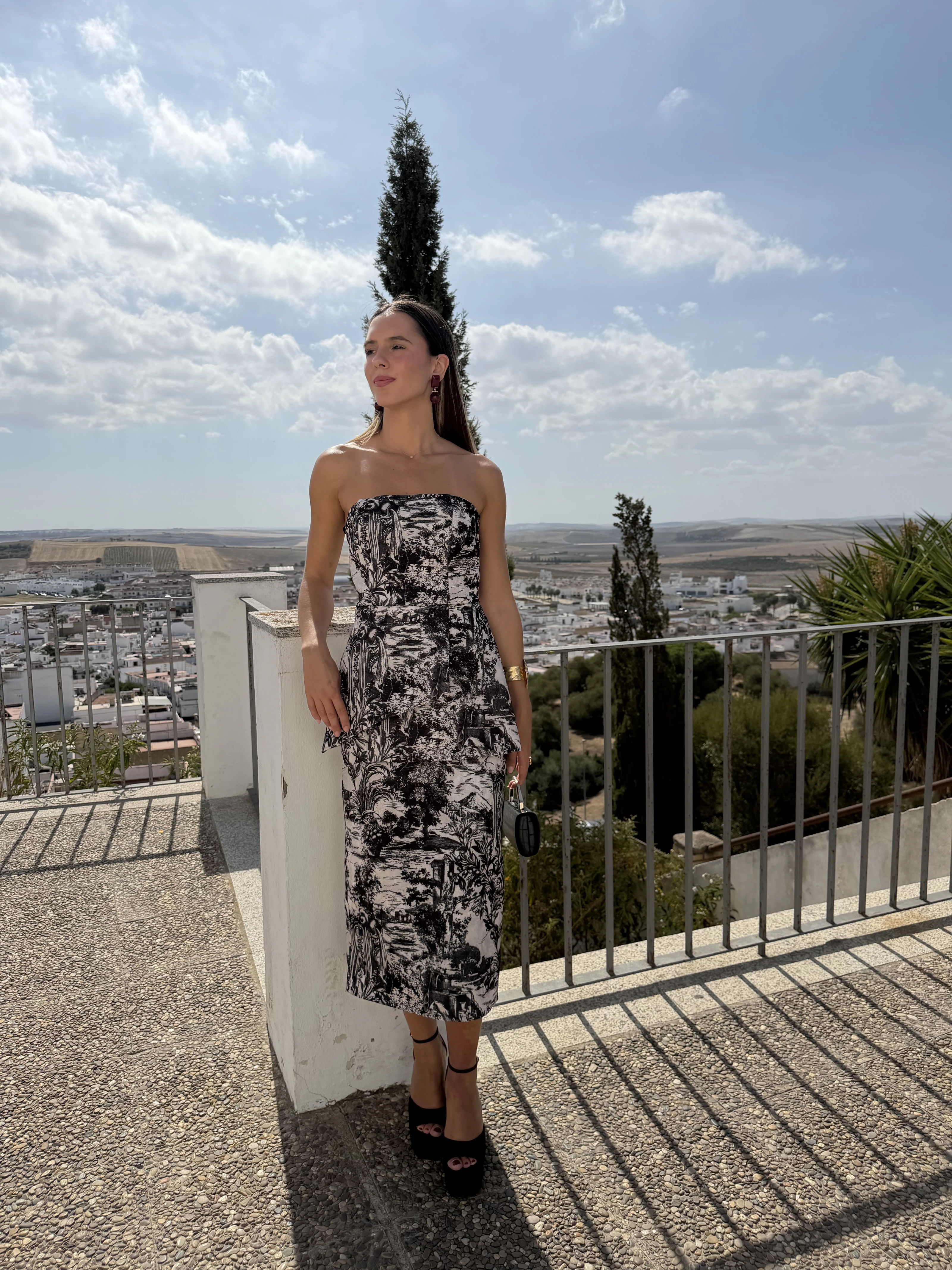Vestido en blanco y negro ante un paisaje exterior; fotografía real de SURA